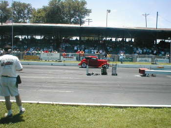 Jack Roberts staging in his '32 3-Win for a blast down the track.