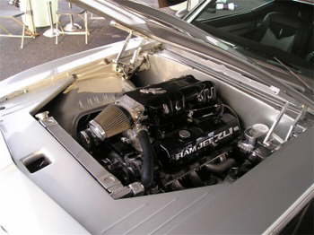 Engine compartment of the Silver Spurs Camaro