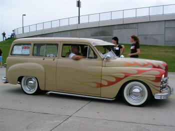 Mopar stuff is getting hot as seen by the flames on this Plymouth wagon