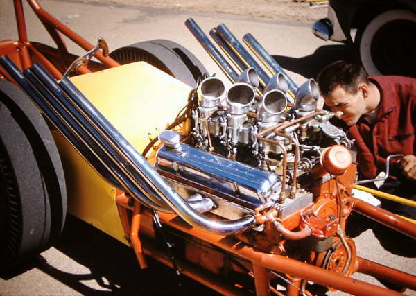 Slingshot dragster, circa 1965 drag race.  Photograph courtesy of Evelyn Roth, owner of photo unknown.