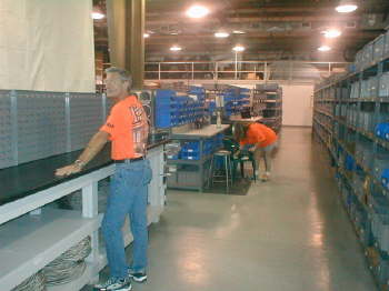 One of many isles of storage bins in Lokars vast warehouse.  Everything was spotless, clean, in the Mfg area as well as the warehouse! 