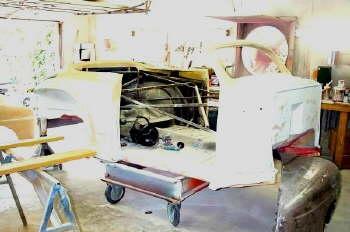 Here's the '47 body at Roger Cope's home shop for paint prep!!