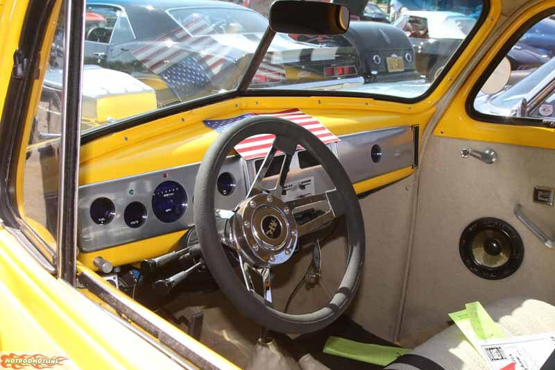 This hoodless, yellow, Chevy powered, 40 Chevy Coupe stands out in a crowd. The owner is Patrick Bradley of Rancho Cucamonga, CA.