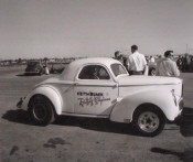 Keith Black Racing Engines, circa 1960 drag race.  Photograph courtesy of Evelyn Roth, owner of photo unknown.